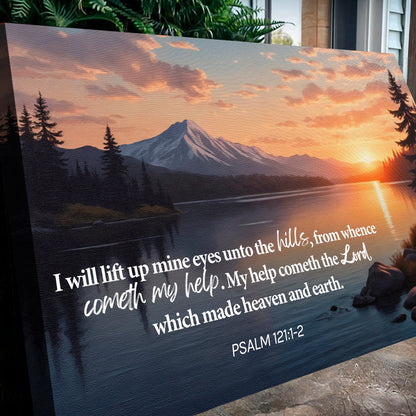 Faith wall canvas close-up with landscape sunrise and Psalm 121:1-2 verse text