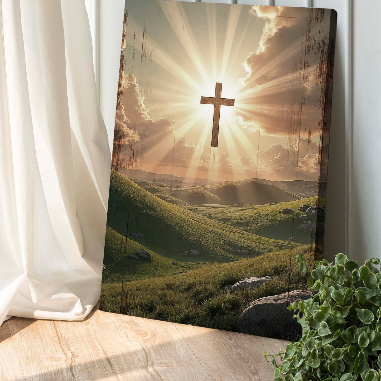 Amazing Grace wall sign canvas with gold cross and rolling green hills landscape