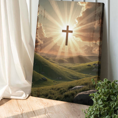 Amazing Grace wall sign canvas with gold cross and rolling green hills landscape