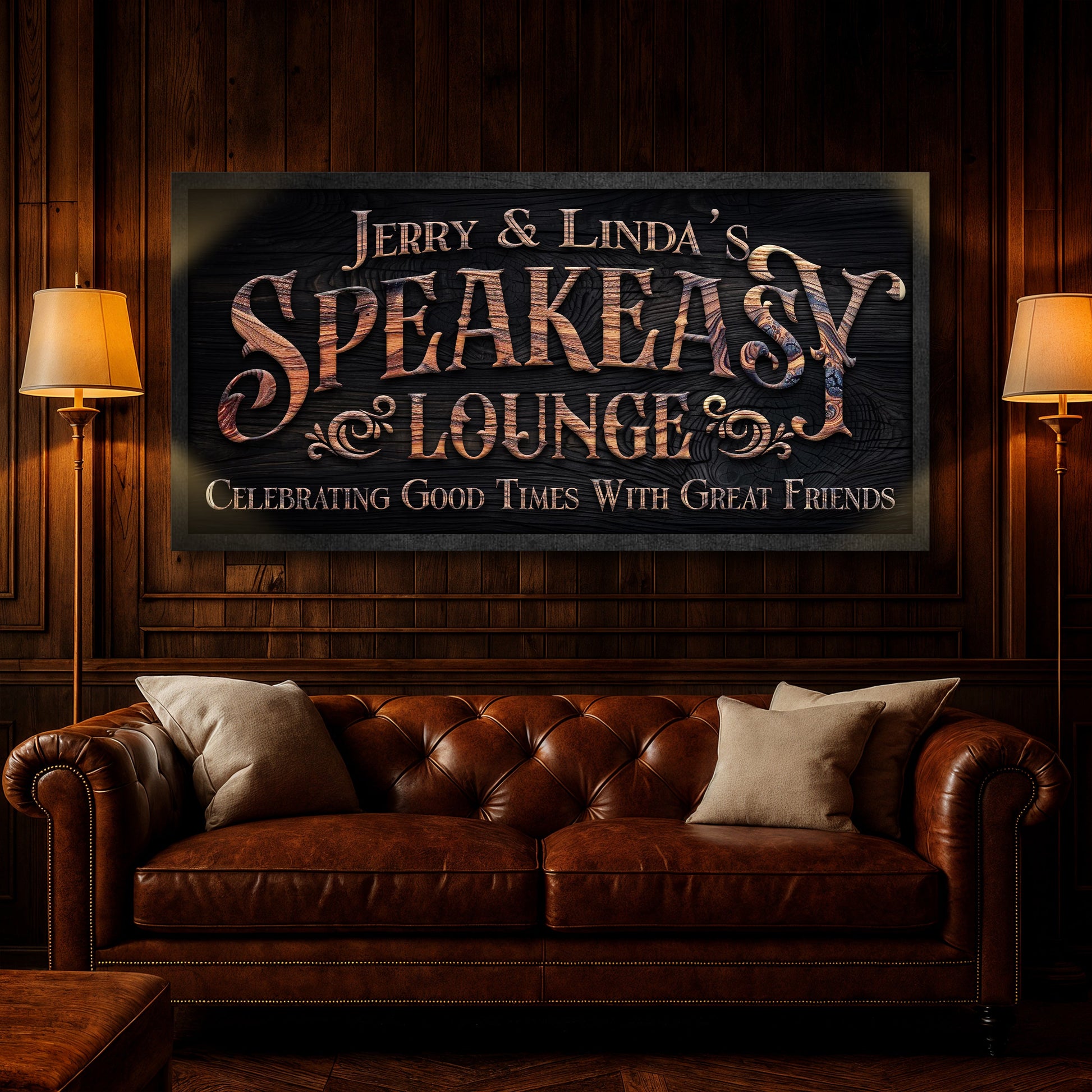 Framed speakeasy lounge wall sign above a brown leather sofa