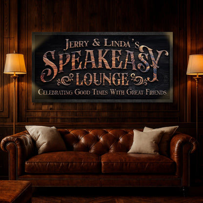 Framed speakeasy lounge wall sign above a brown leather sofa