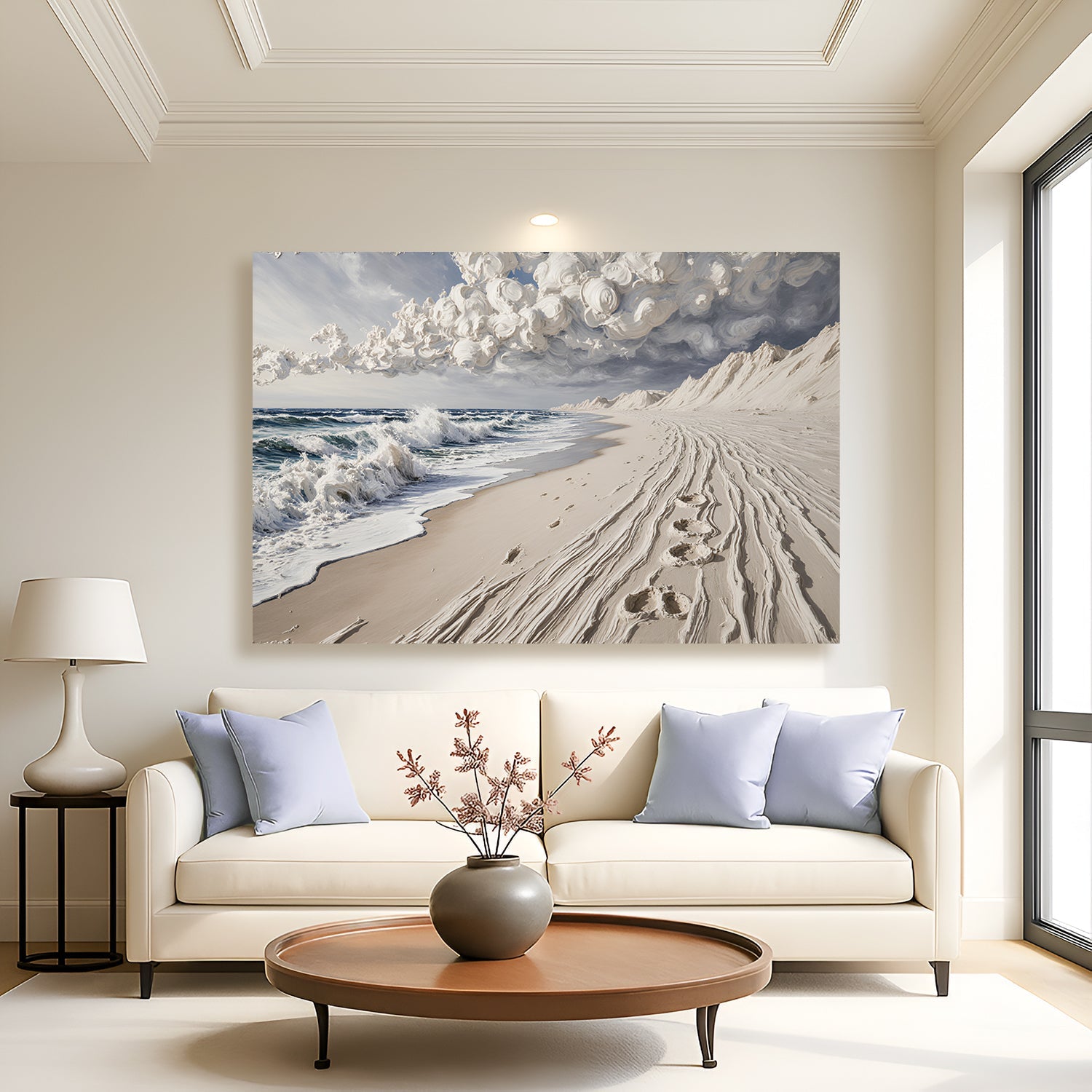 Sand beach wall art canvas with foamy surf and winding footprints