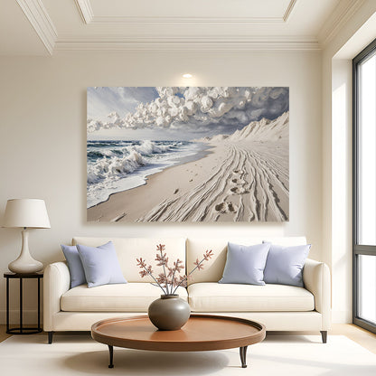 Sand beach wall art canvas with foamy surf and winding footprints