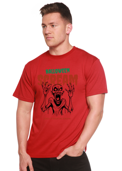 Men's red Halloween graphic T-shirt with screaming monster front print