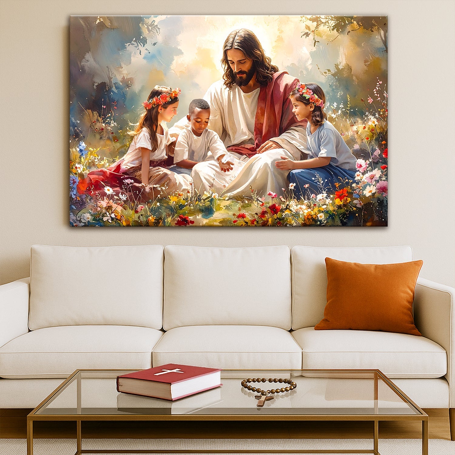 Large framed wall art depicting Jesus reading with children among colorful blooms