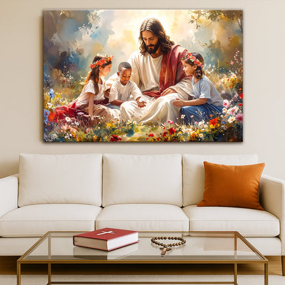 Large framed wall art depicting Jesus reading with children among colorful blooms