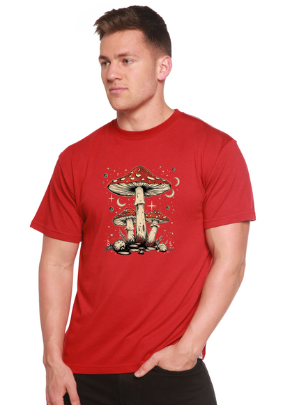 Unisex graphic t-shirt in red with red mushroom artwork centered on chest
