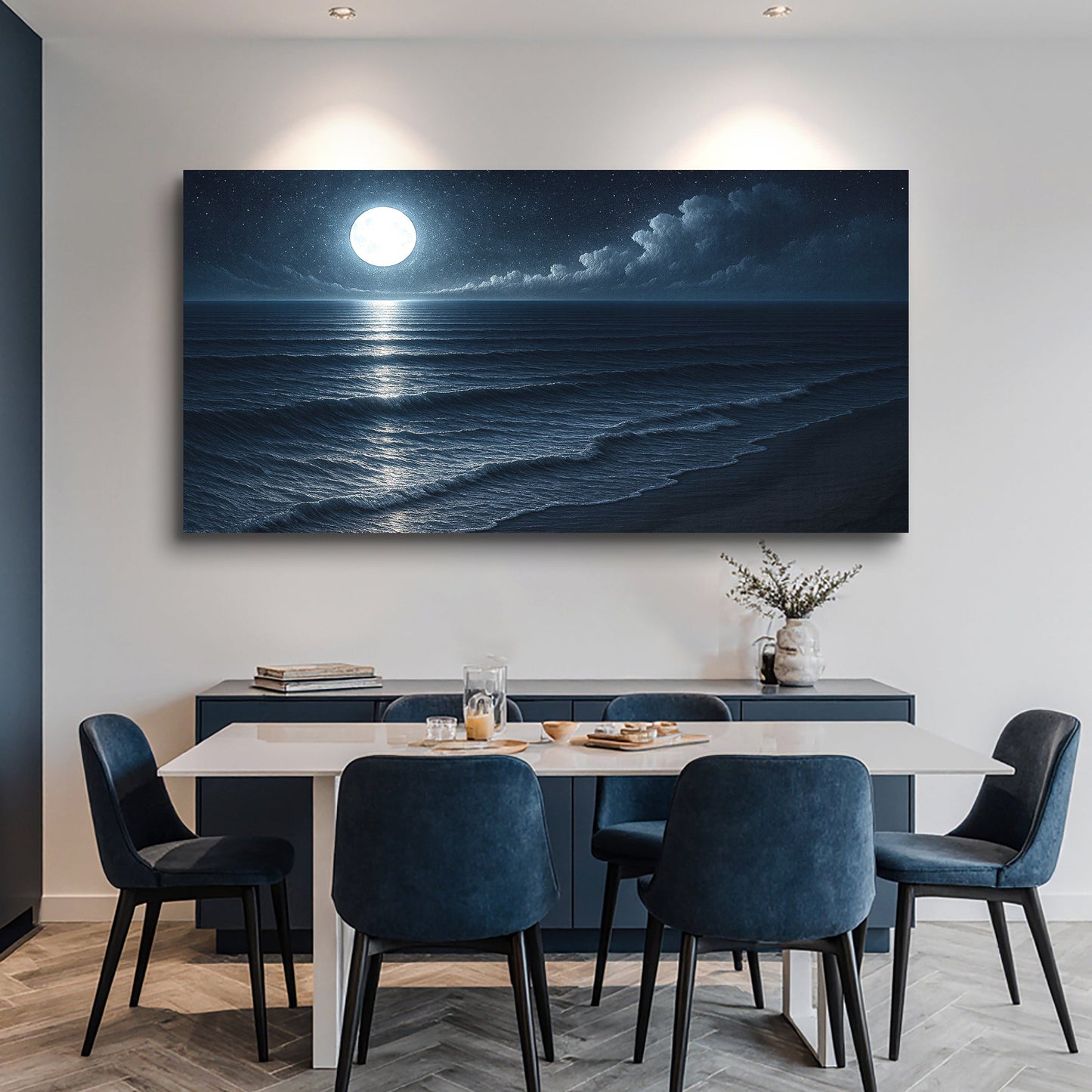 Coastal moonlit beach canvas wall art with ocean waves and glowing horizon