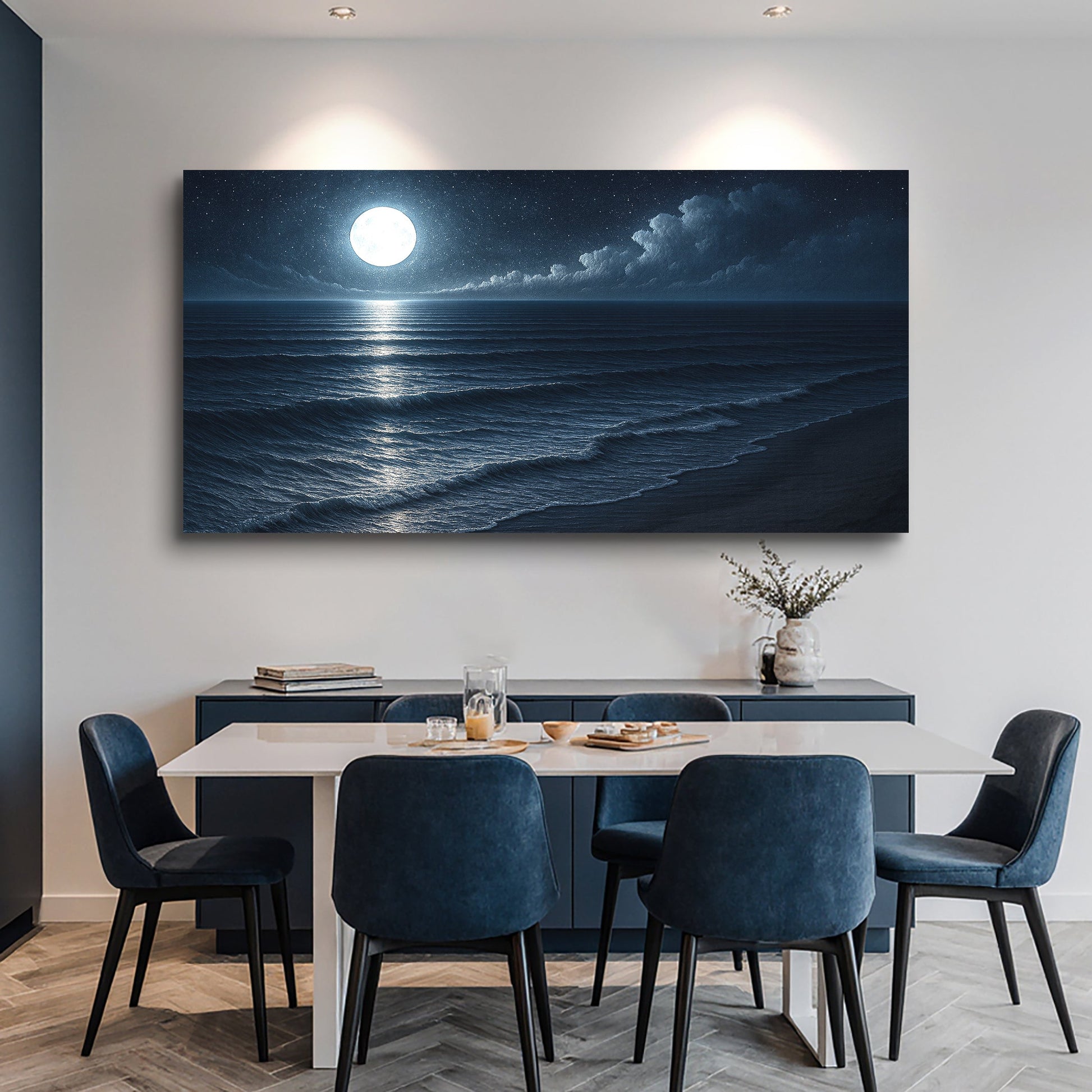 Coastal moonlit beach canvas wall art with ocean waves and glowing horizon