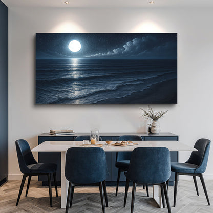 Coastal moonlit beach canvas wall art with ocean waves and glowing horizon