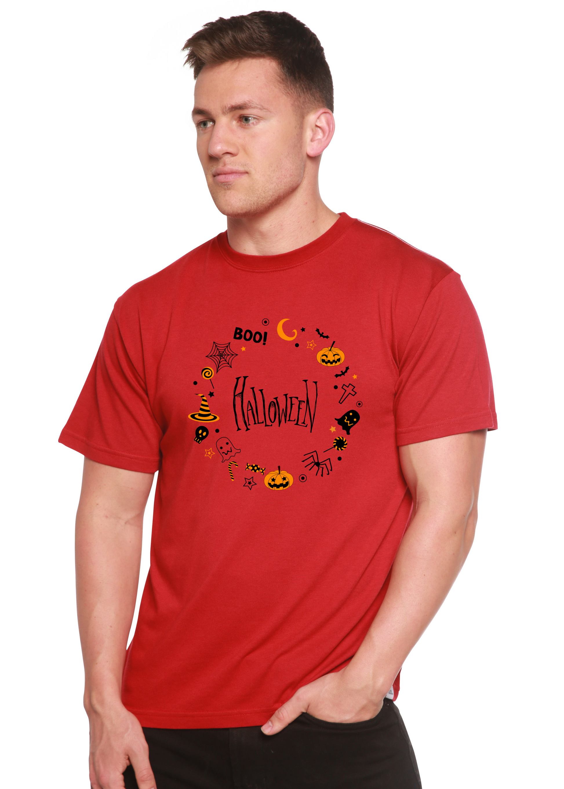 Men's red Halloween graphic t-shirt with circular pumpkin skeleton print
