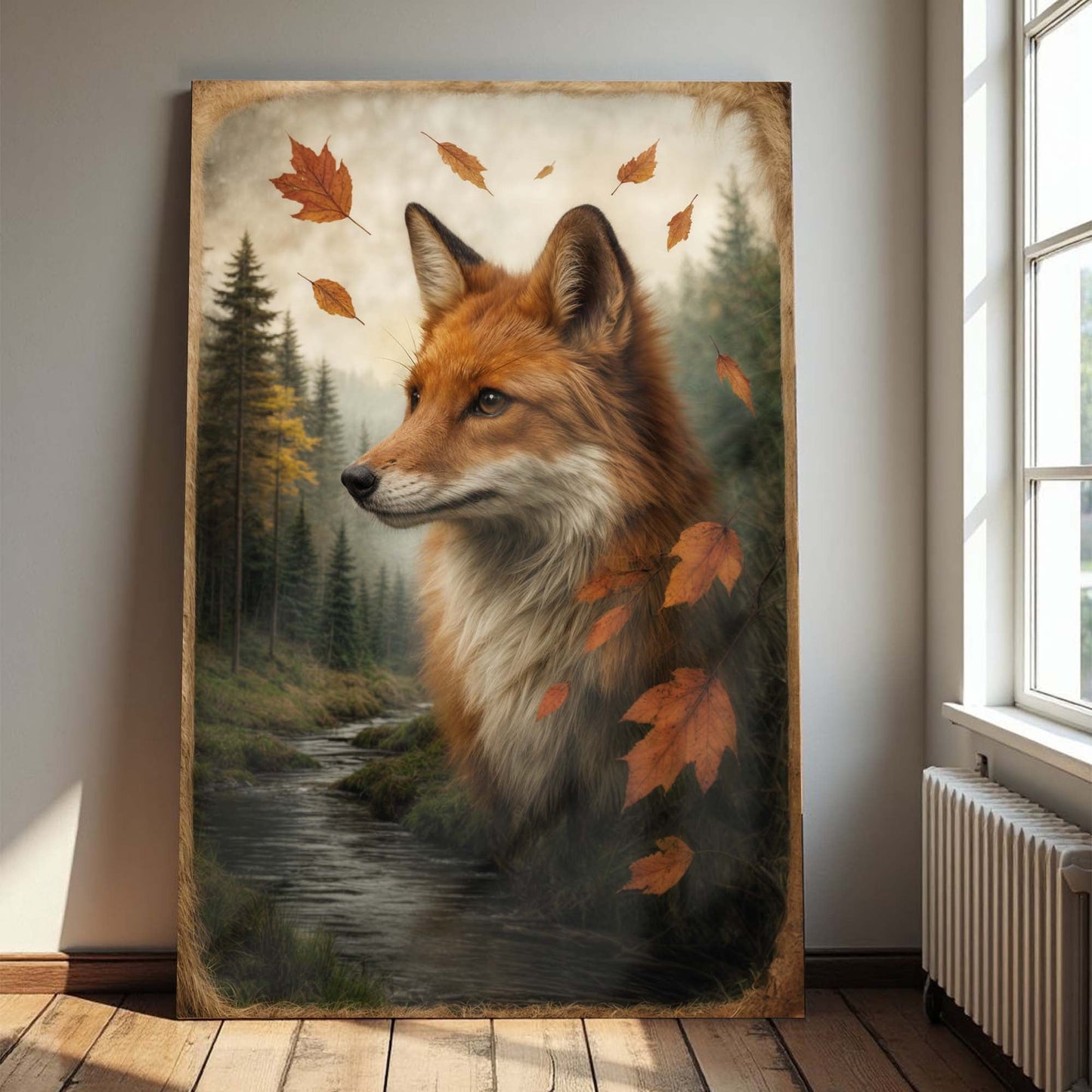 Fox portrait canvas wall art with autumn foliage, vertical framed print