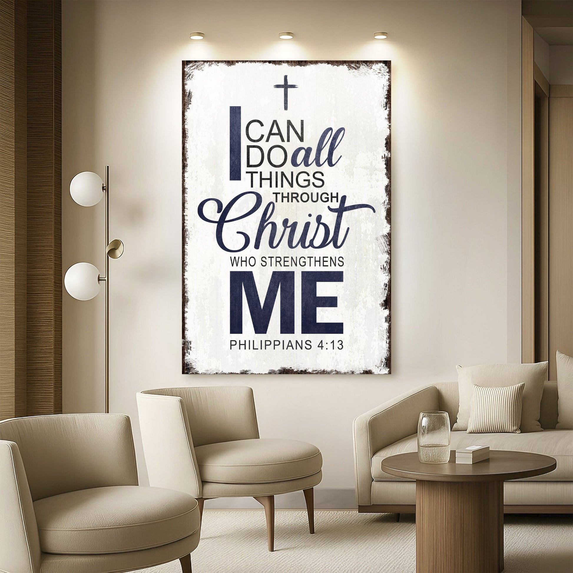Framed canvas wall art with quote “I can do all things through Christ” and “Philippians 4:13”