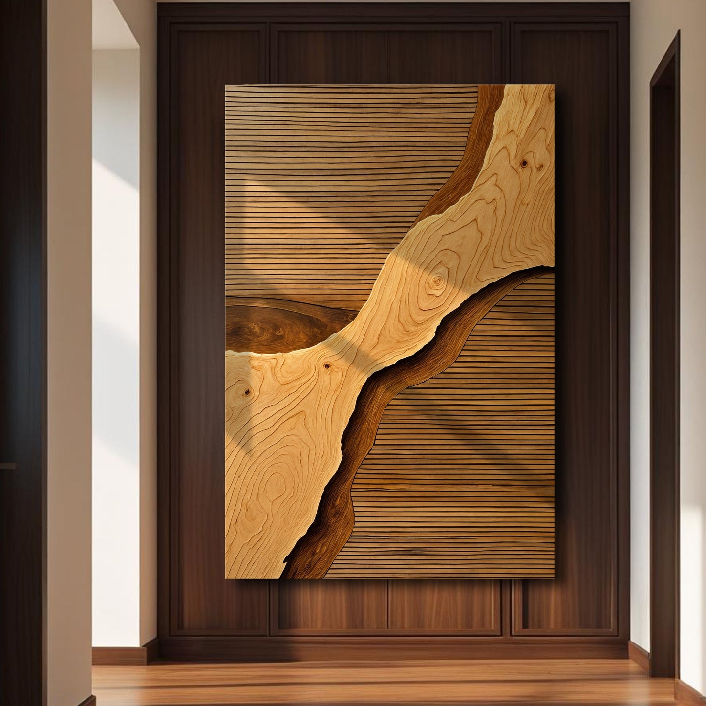 Wood rift wall art in dark frame with wood-grain wave design