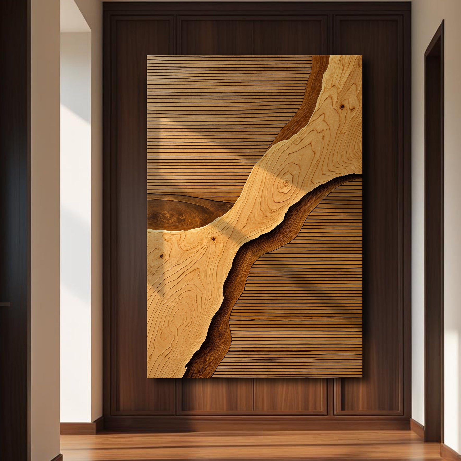 Wood rift wall art in dark frame with wood-grain wave design