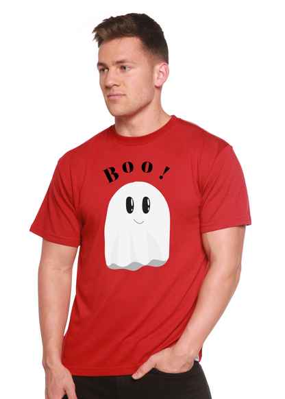 Men's red graphic T-shirt with “BOO!” text and white ghost print