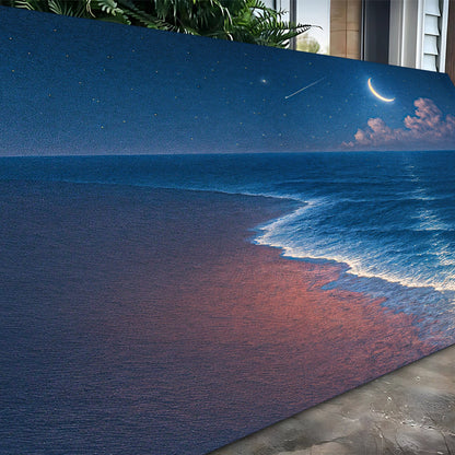 Close-up beach wall art canvas with moon, ocean waves, and sandy shoreline