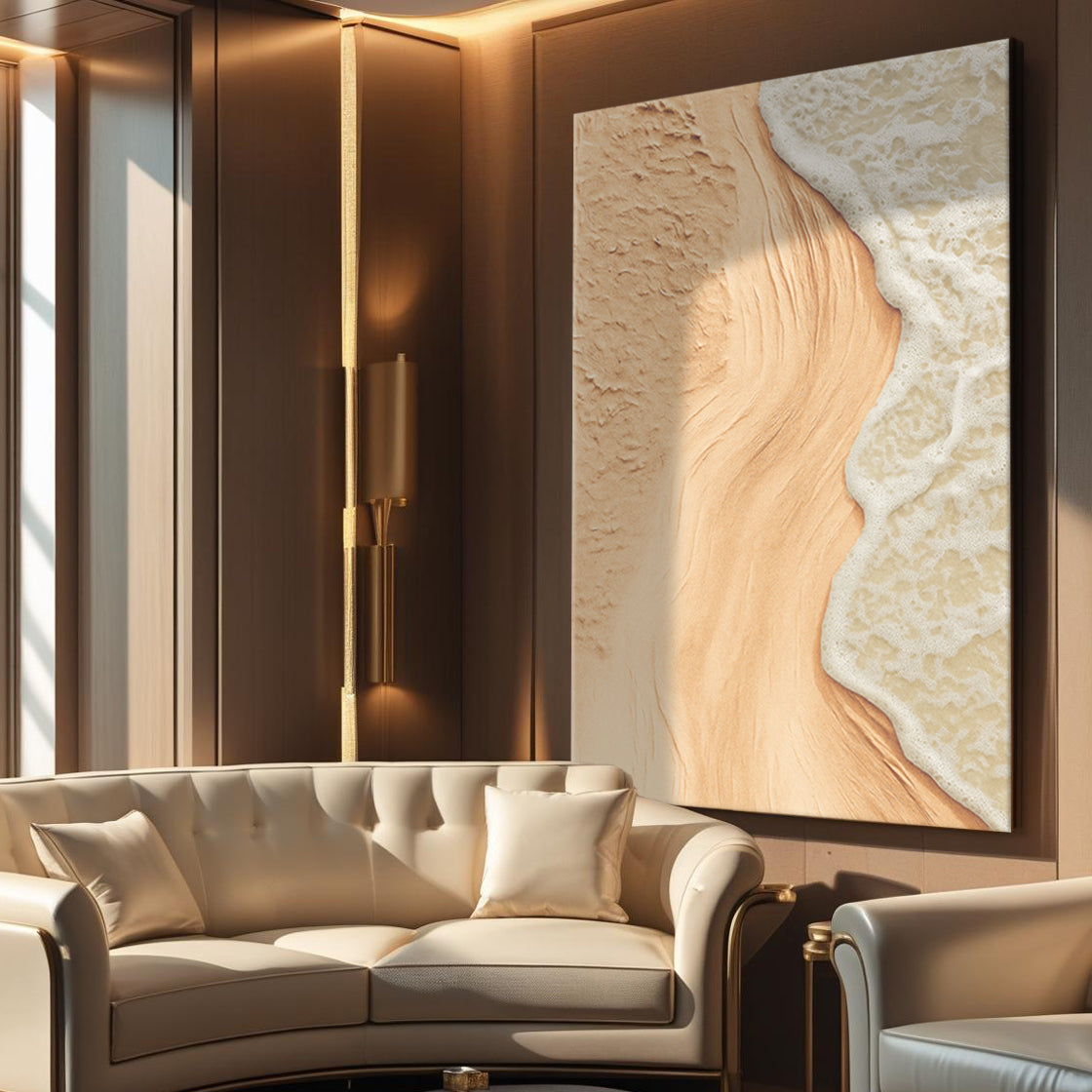 Beige coastal wall art canvas with sandy shoreline and textured white surf