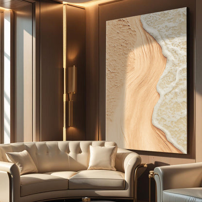 Beige coastal wall art canvas with sandy shoreline and textured white surf