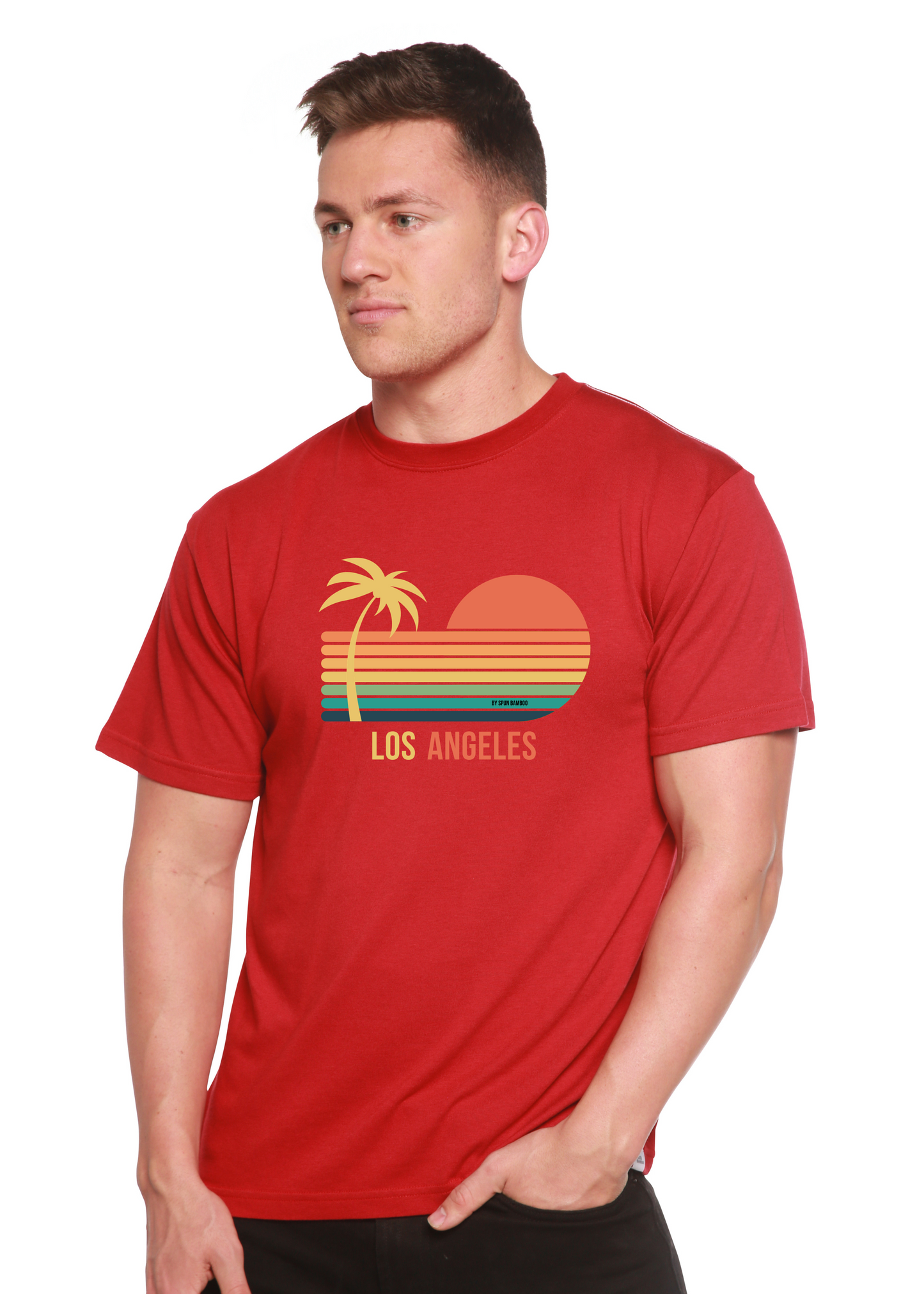 Red unisex graphic short-sleeve T-shirt with palm, sunset, and “Los Angeles” print