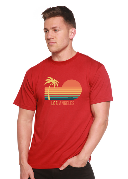 Red unisex graphic short-sleeve T-shirt with palm, sunset, and “Los Angeles” print