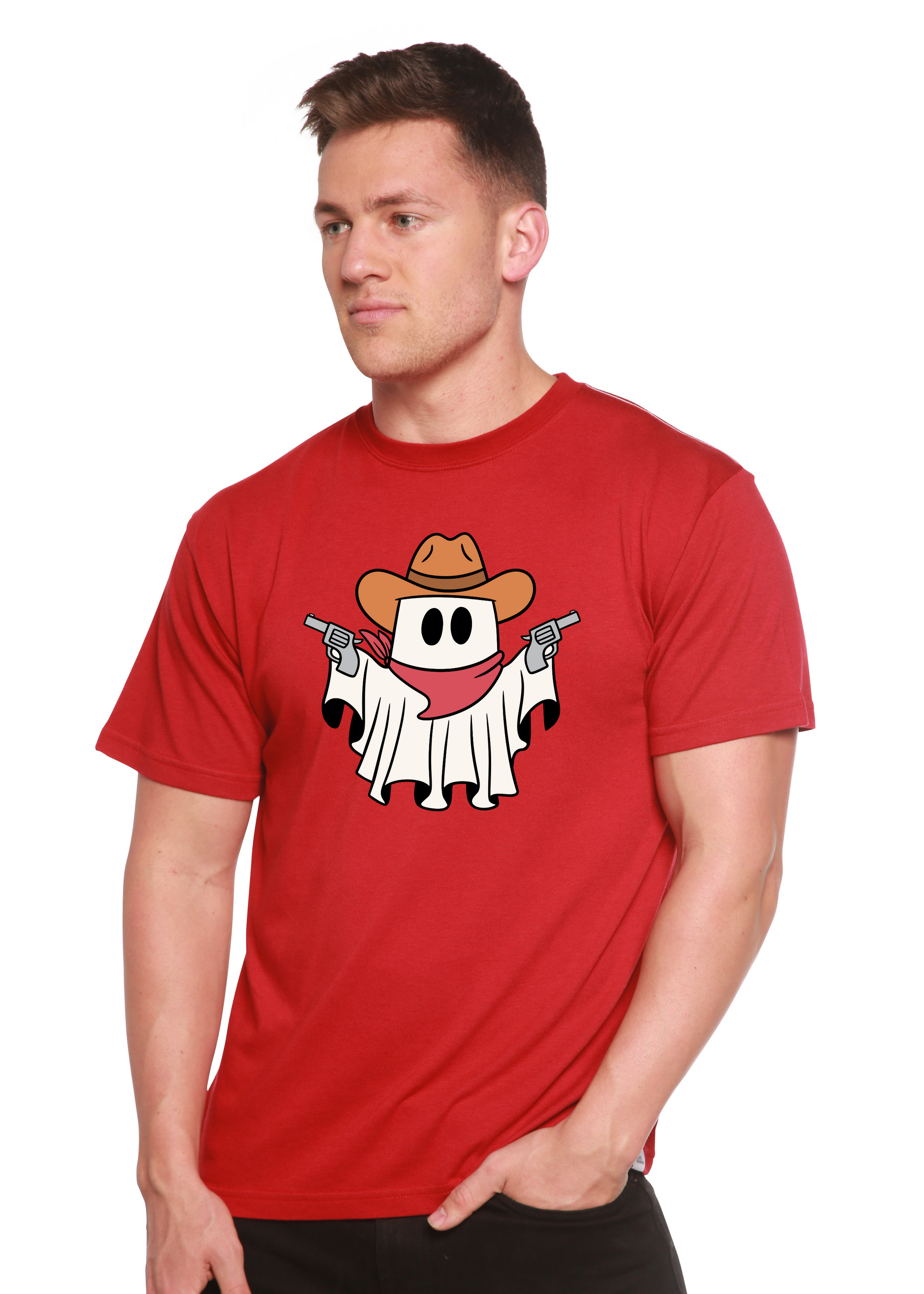 Red short-sleeve graphic T-shirt with cowboy ghost and guns print