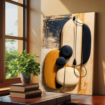 Abstract wall art canvas with cream and orange curves and dark blue circles and strings