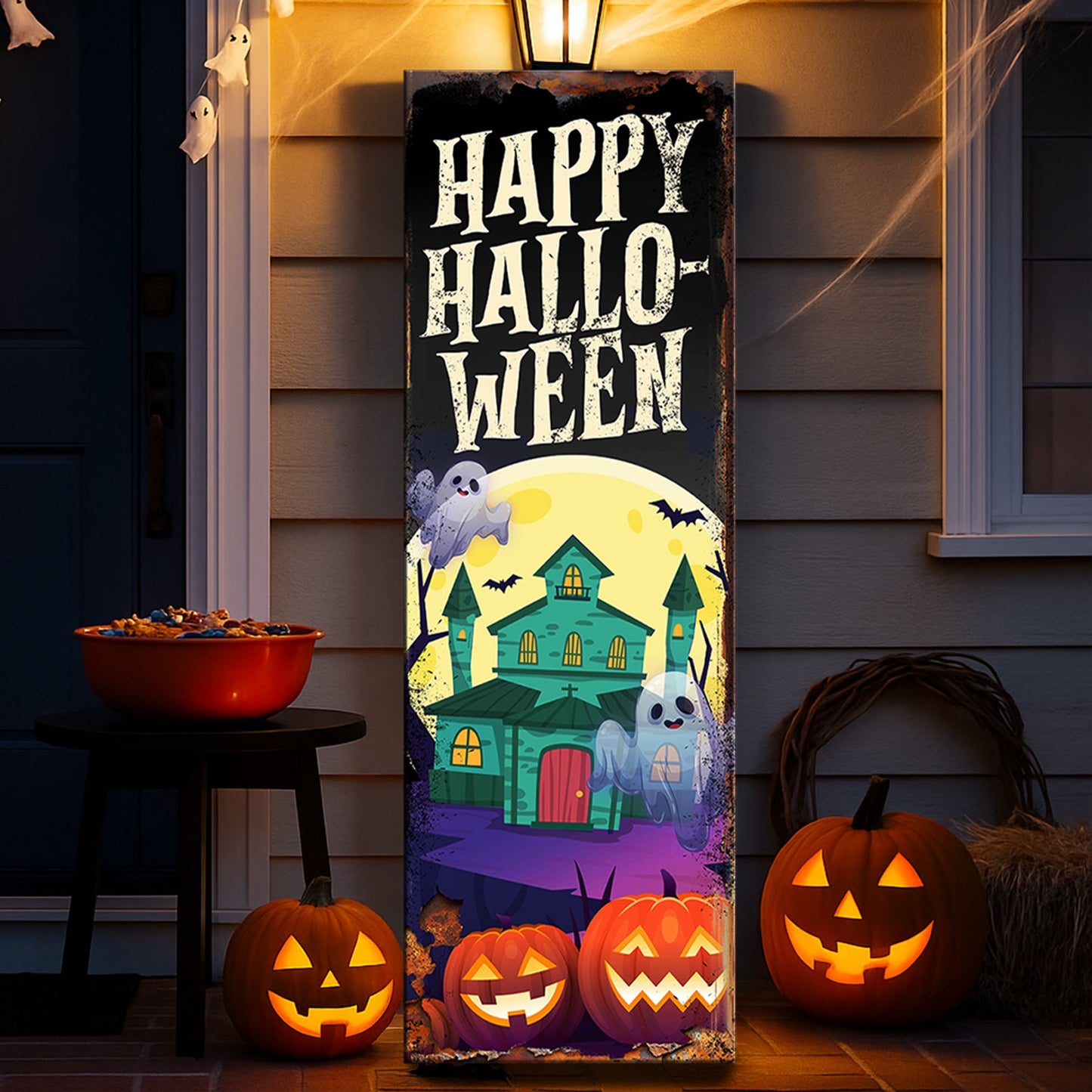 Halloween welcome sign canvas with Happy HalloWeen title and glowing jack-o'-lantern pumpkins