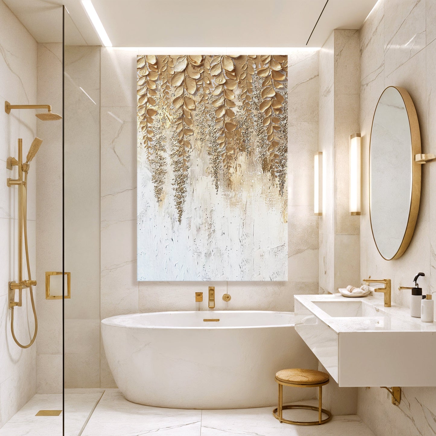 Gold wisteria textured wall art panel on white canvas with raised leaf design.