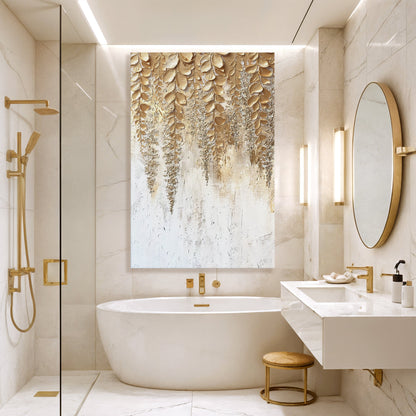 Gold wisteria textured wall art panel on white canvas with raised leaf design.