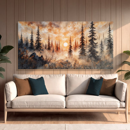 Living room wall art canvas featuring pine trees, misty hills, and a warm sunset glow with moon.