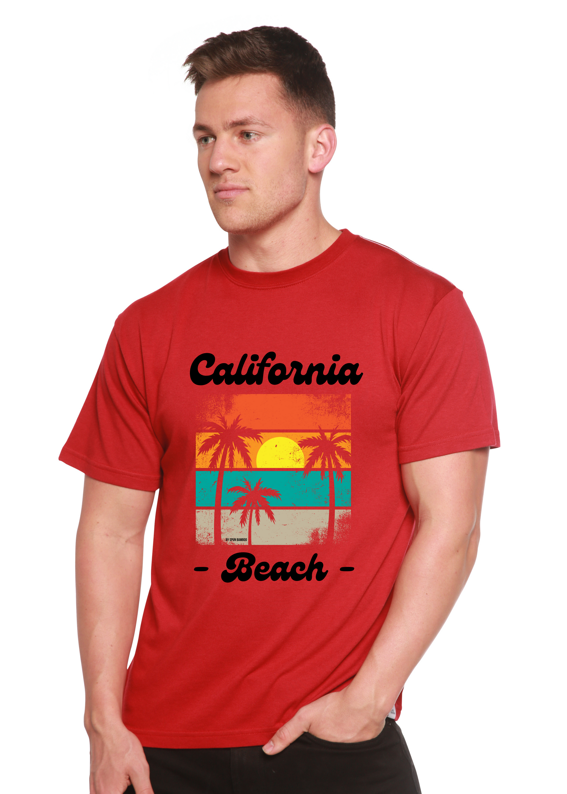 Unisex graphic T-shirt, red with 'California Beach' palm print