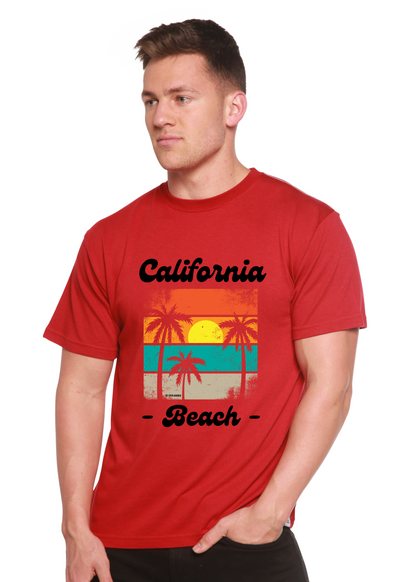 Unisex graphic T-shirt, red with 'California Beach' palm print