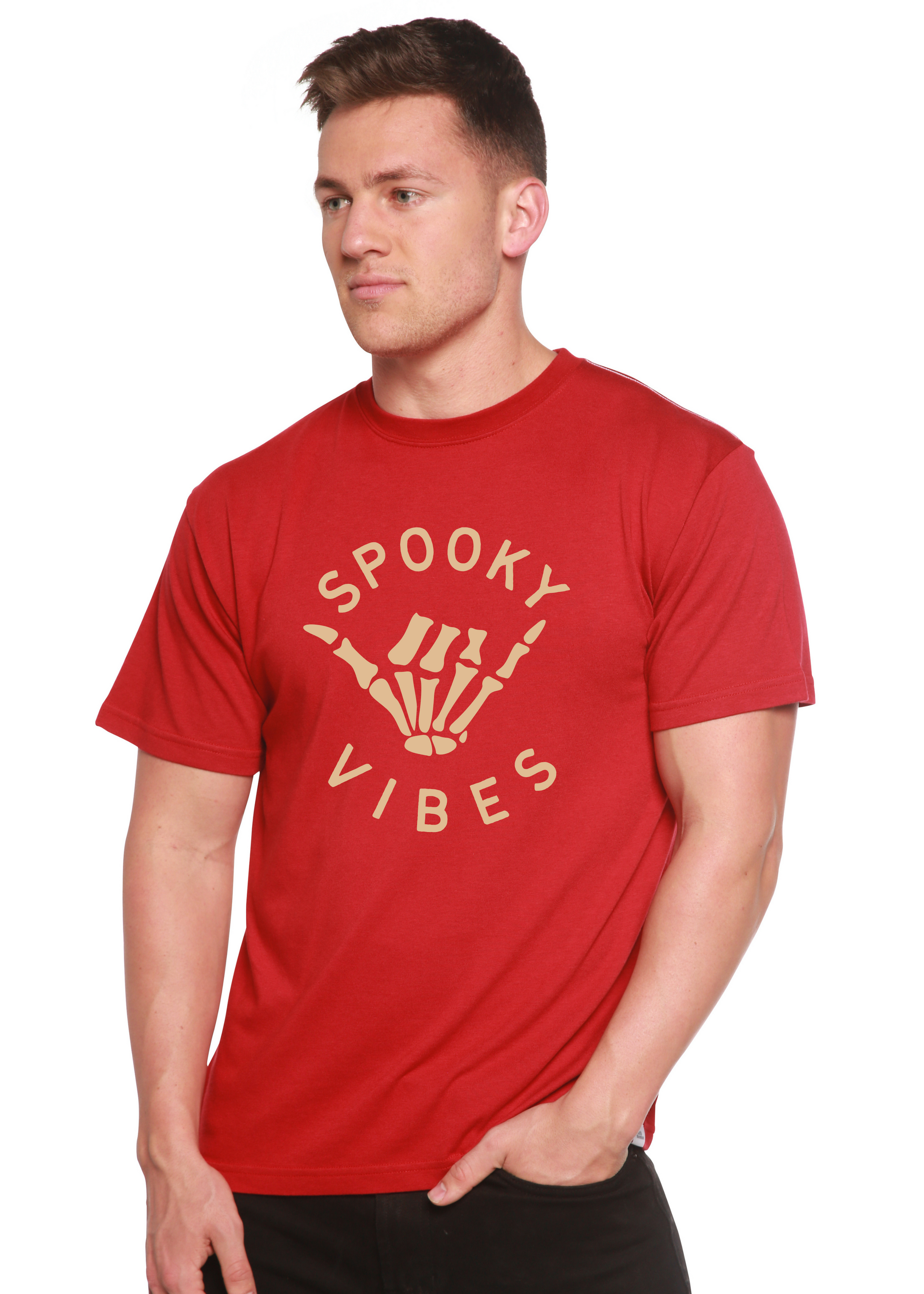 Men's graphic T-shirt in red with “SPOOKY VIBES” skeleton-hand design