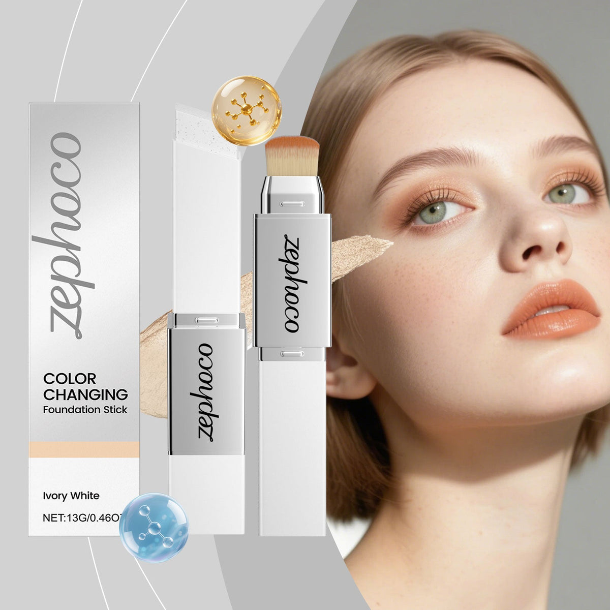 Ivory white color-changing foundation stick with brush applicator on face