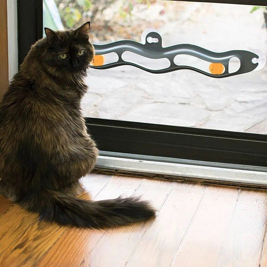 Grey cat track toy with curved handles and orange ball accents on a window ledge