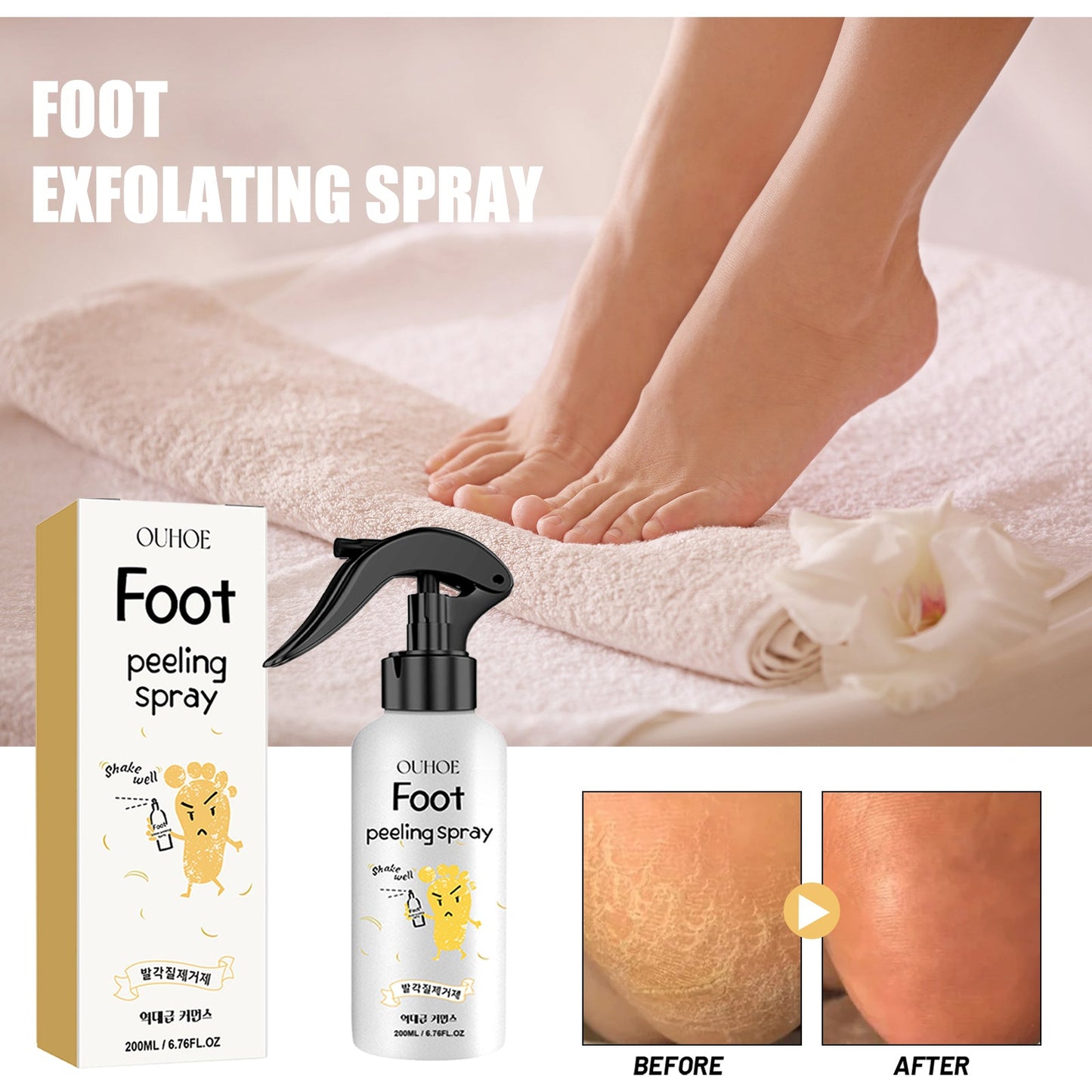 Foot exfoliating spray bottle on towel with retail box, 200ml