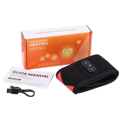 Black wrist heating brace with red-trim accents, with manual and cable