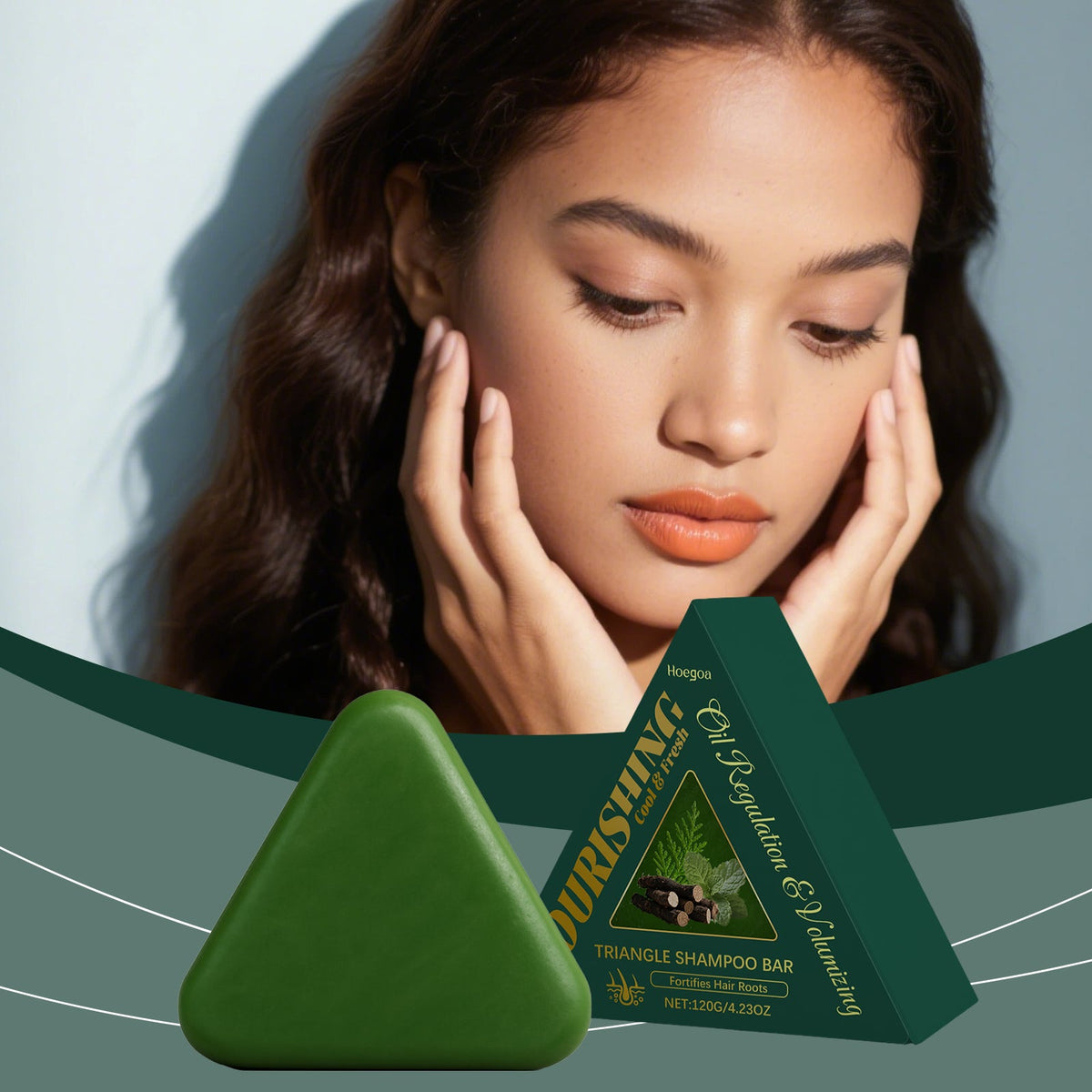 Green triangle shampoo bar with herbal label, close-up foreground