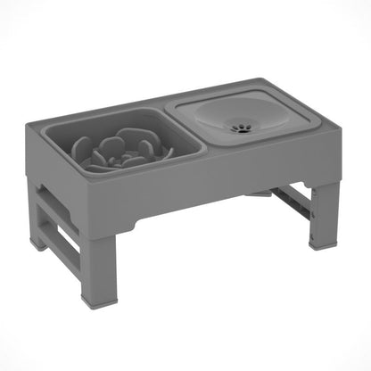 Elevated dog double feeding bowl stand in light gray with two raised bowl sections