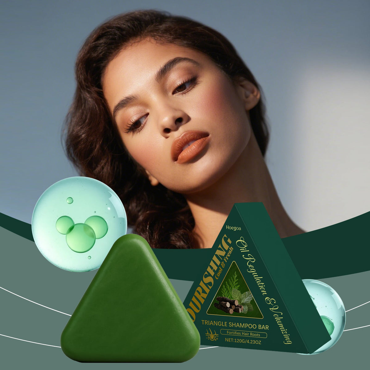 Green triangle shampoo bar with herbal label, beside light teal bubble container