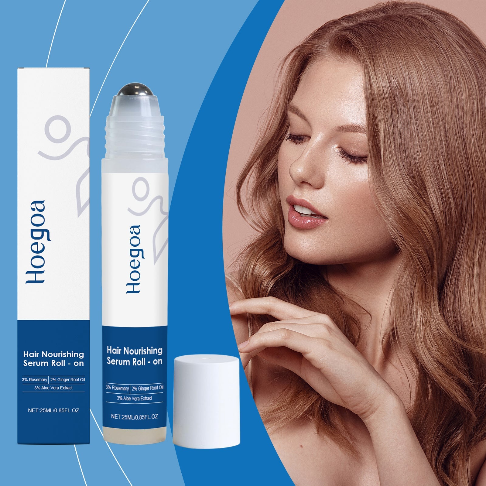 Hair growth roll-on serum bottle with pump cap and white retail box, 25 ml