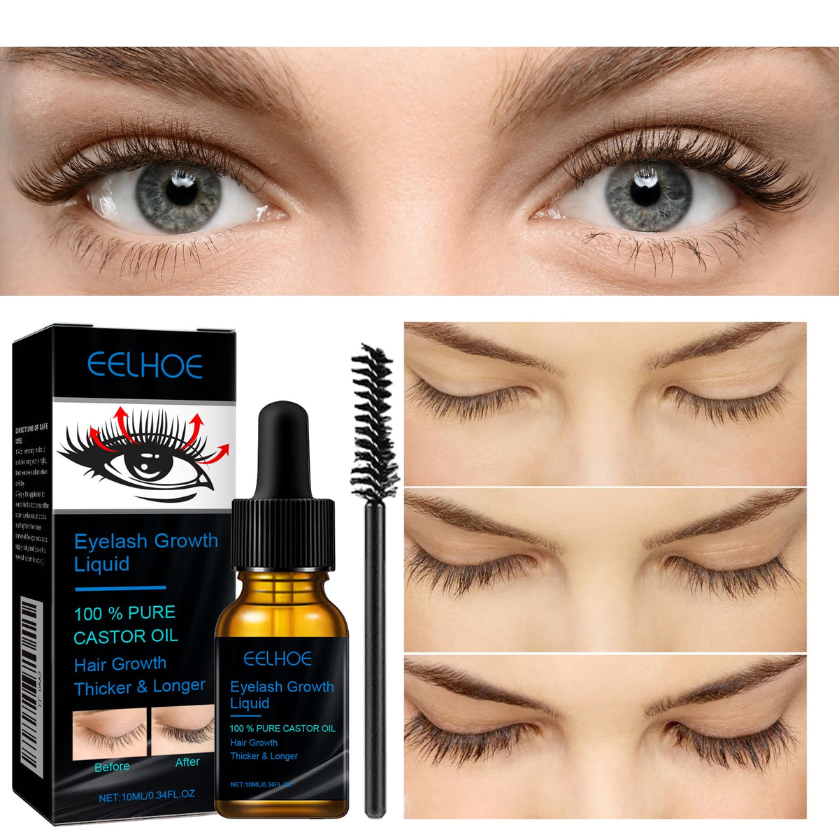 Eyelash growth serum bottle and brush applicator shown with two eye close-ups