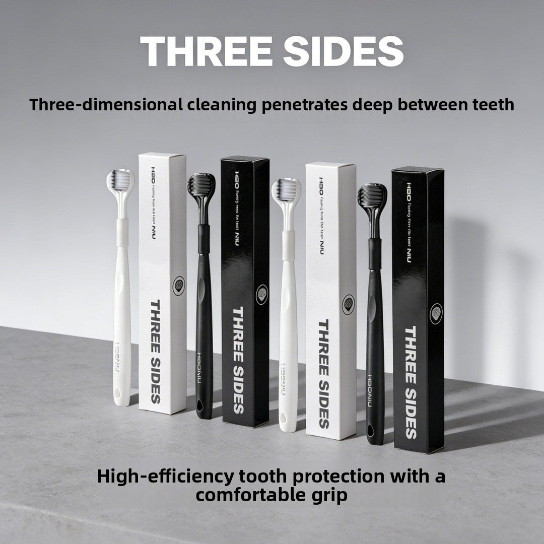Triple-sided soft bristle toothbrush set with white and black handles