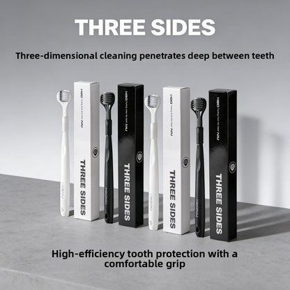 Triple-sided soft bristle toothbrush set with white and black handles