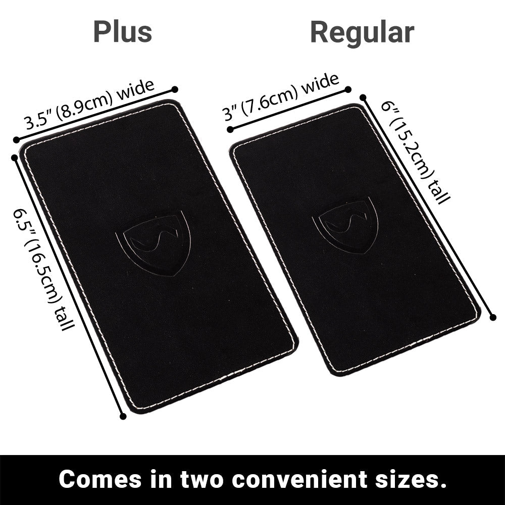 Phone shield size options: Plus and Regular black wallets with shielding emblem