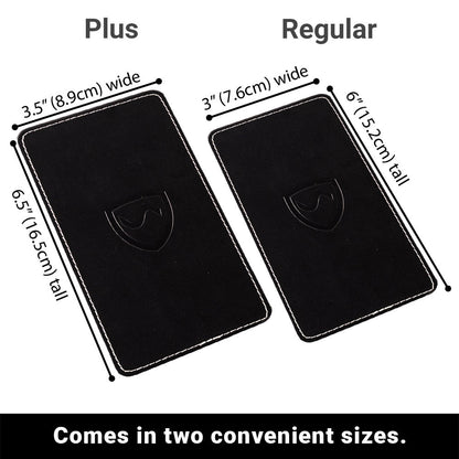 Phone shield size options: Plus and Regular black wallets with shielding emblem
