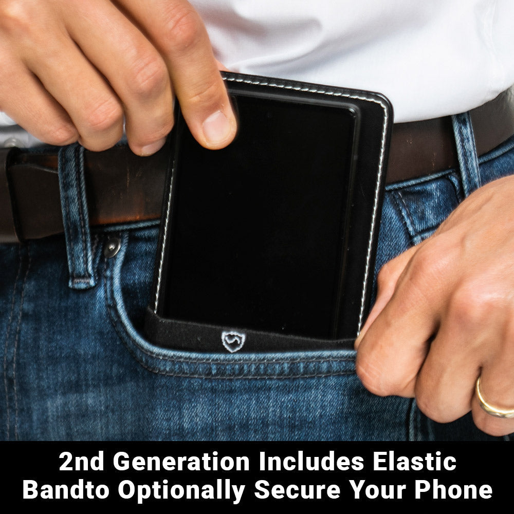 Black phone shield pouch holding a phone inside, attached at belt