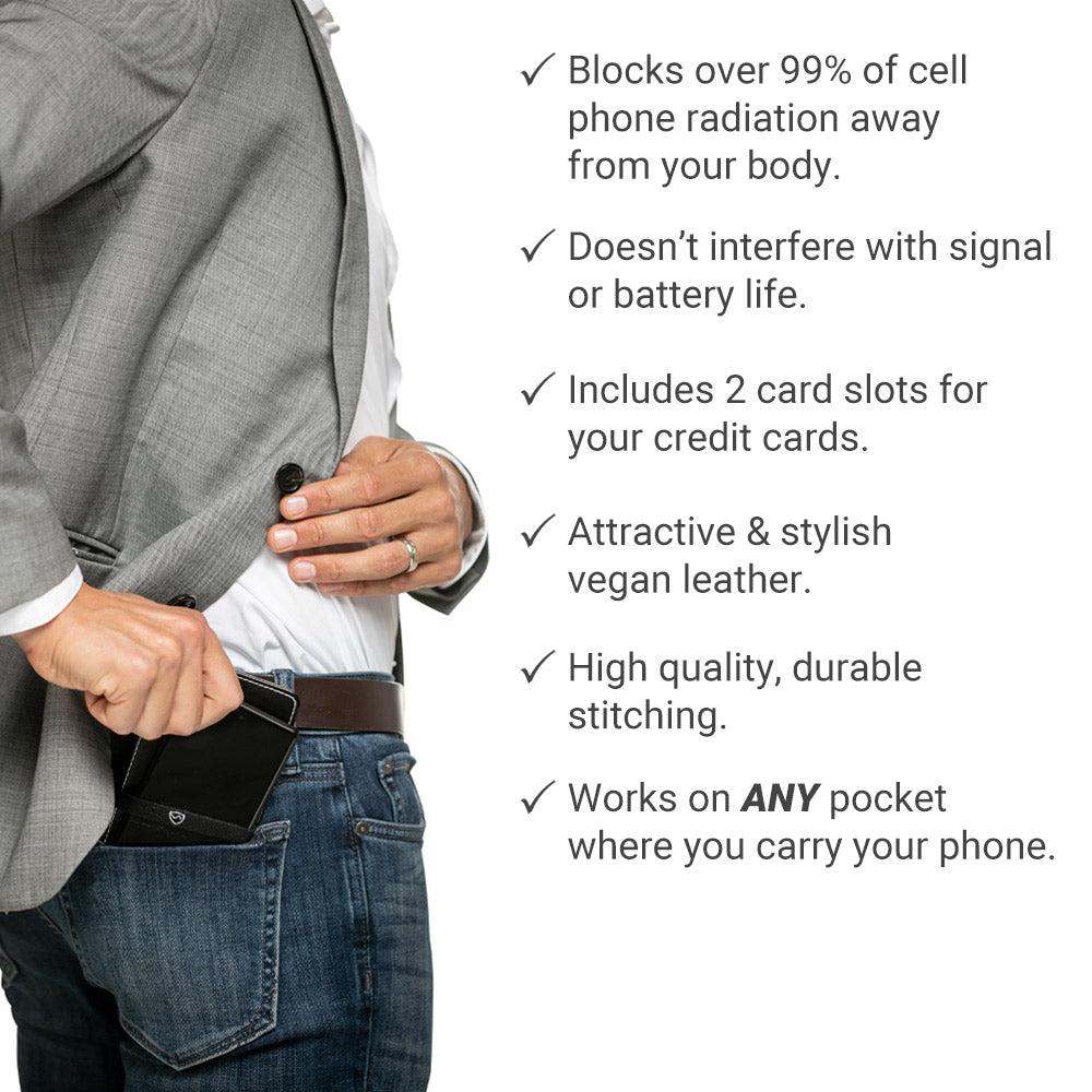 Black phone shield wallet with card slots and vegan leather look on belt
