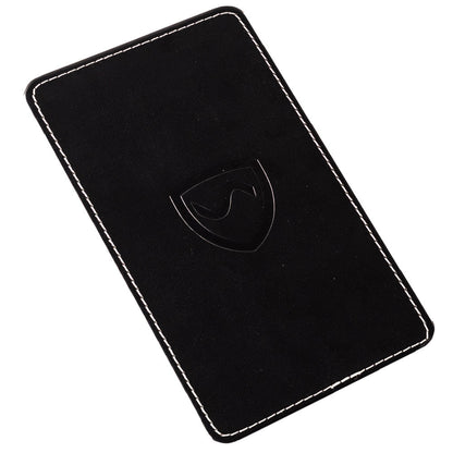 Black phone shield wallet with stitched edge and EMF shielding emblem